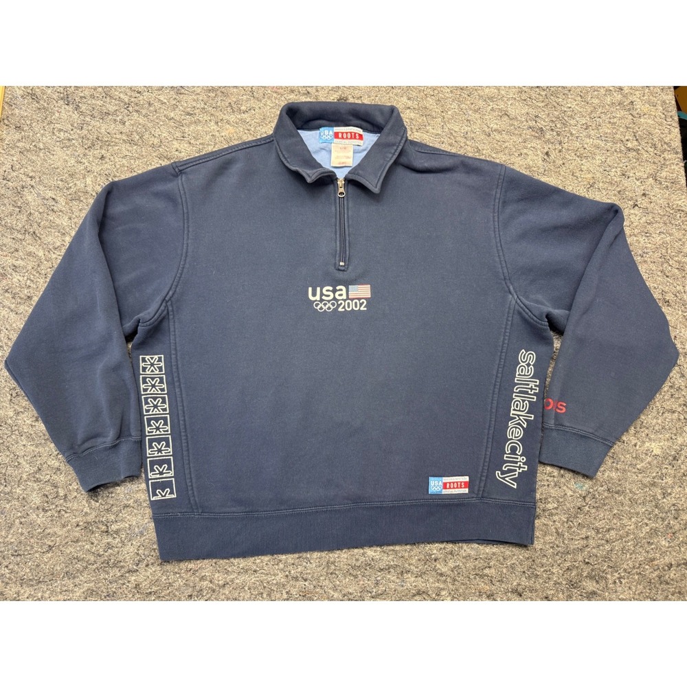 Roots 2002 Salt Lake City Olympics USA Quarter Zip Sweatshirt Mens Large Navy